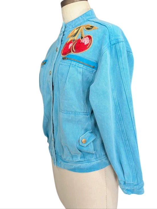 ELF SACK Turquoise Cotton Denim Jacket With Embroidered Cherries. Medium. - Picture 6 of 16